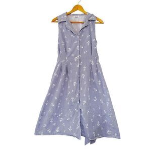 Chloe + Rene Blue White Pinstripe Collared Anchor Motifs Midi Shirtdress Dress